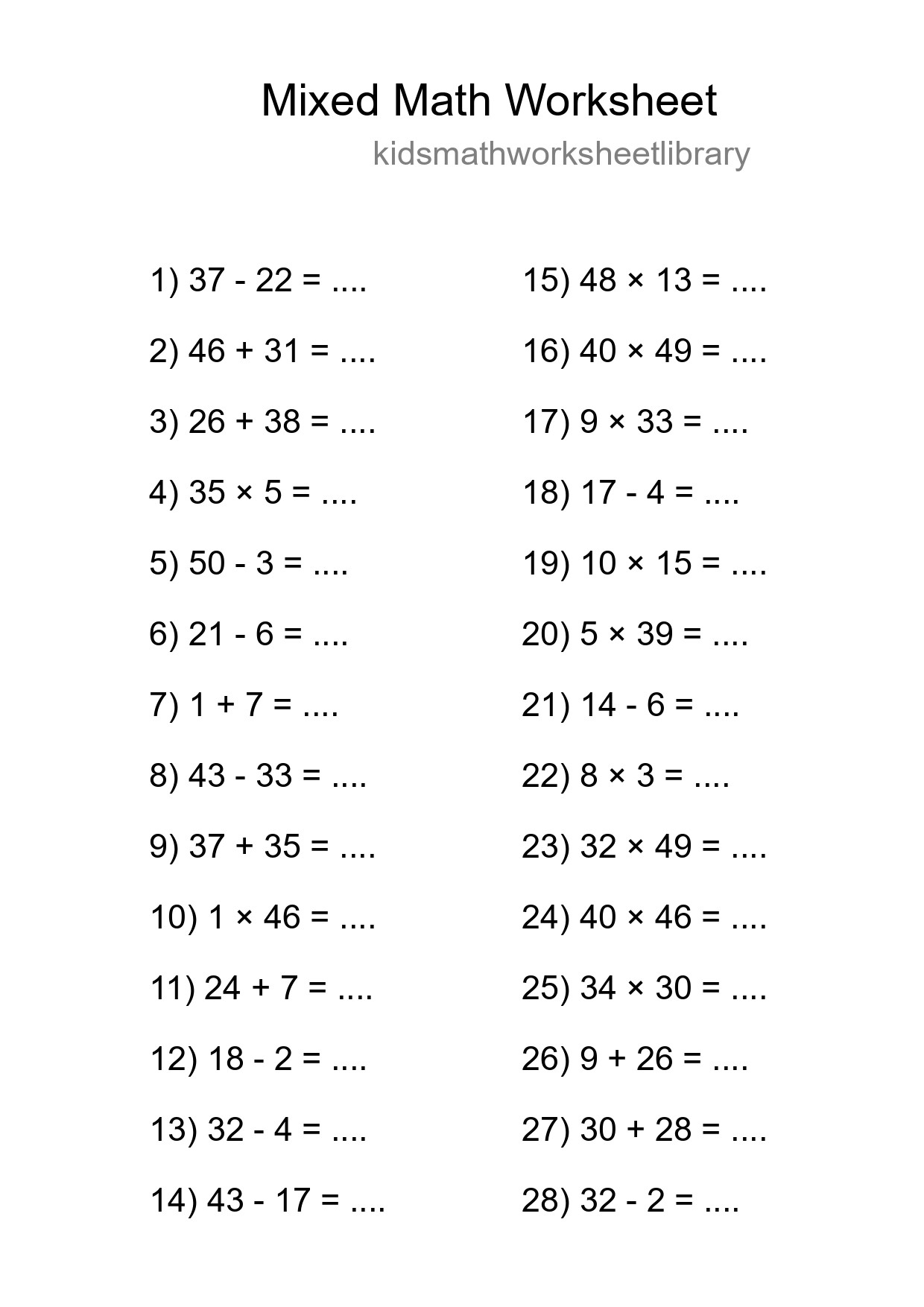 Mixed Operations Math Worksheet