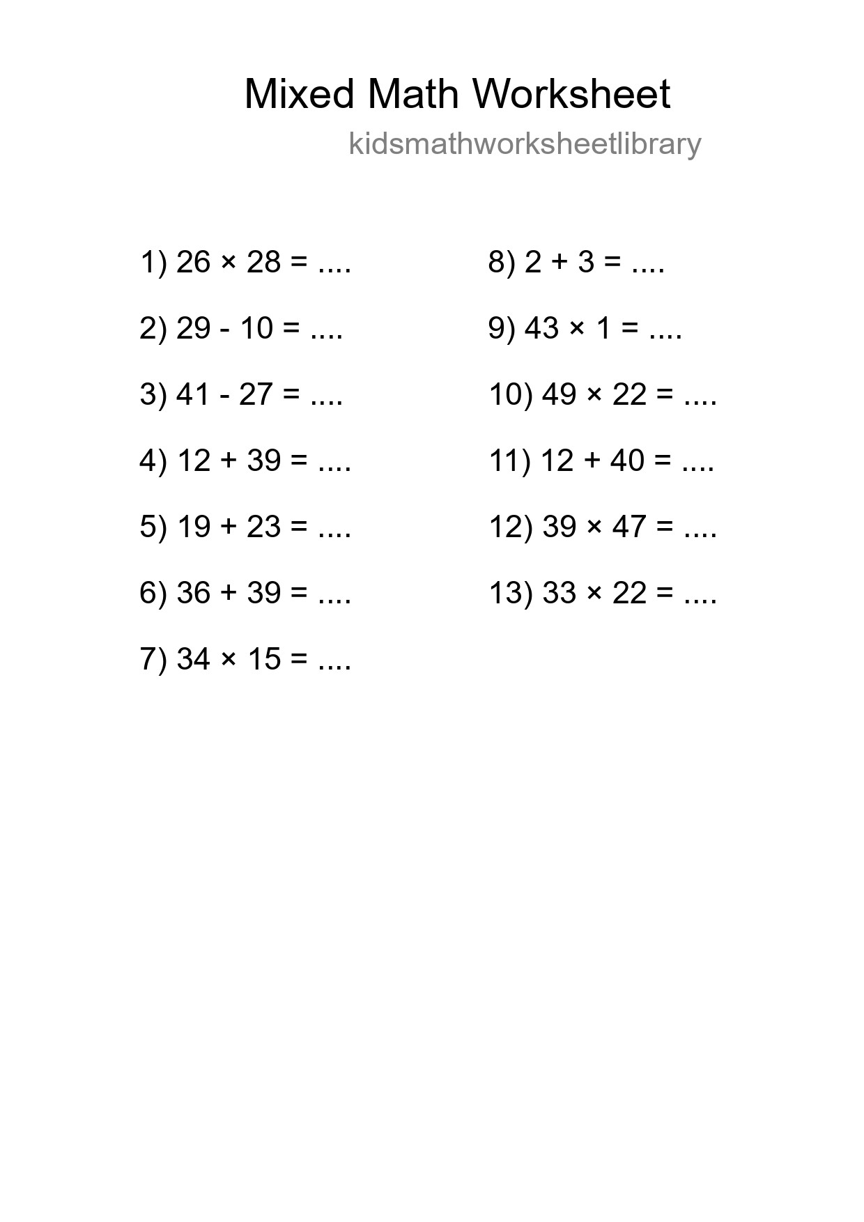Mixed Operations Math Worksheet