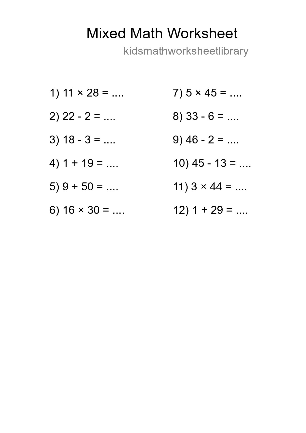 Mixed Operations Math Worksheet