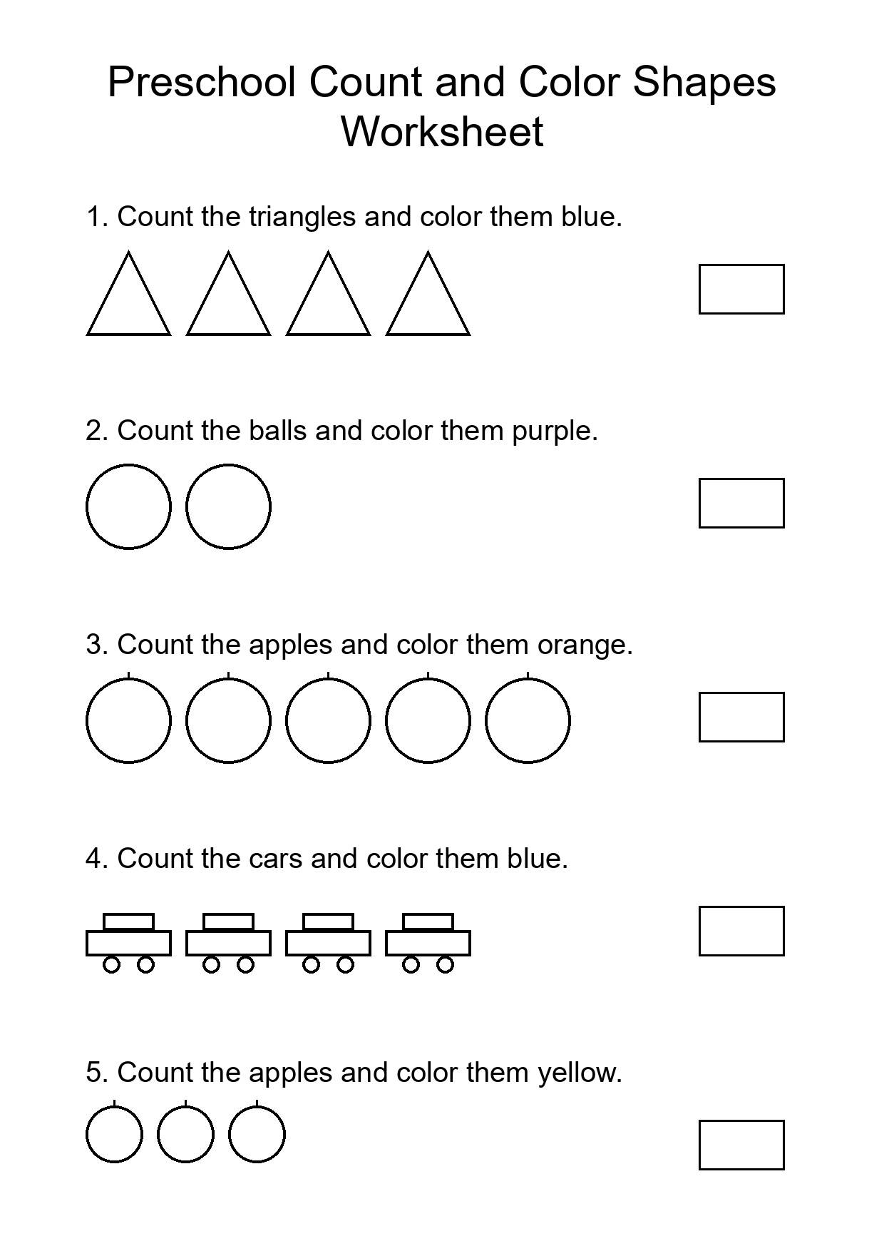 Preschool Count and Color Shapes Worksheet