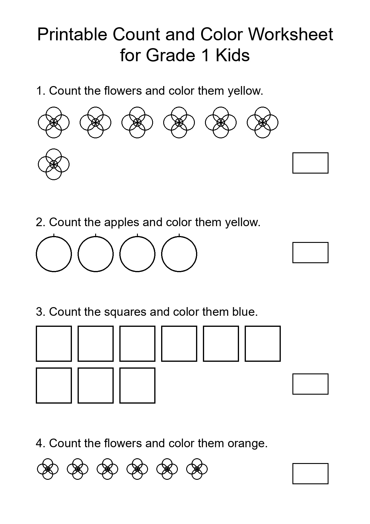 Printable Count and Color Worksheet for Grade 1 Kids