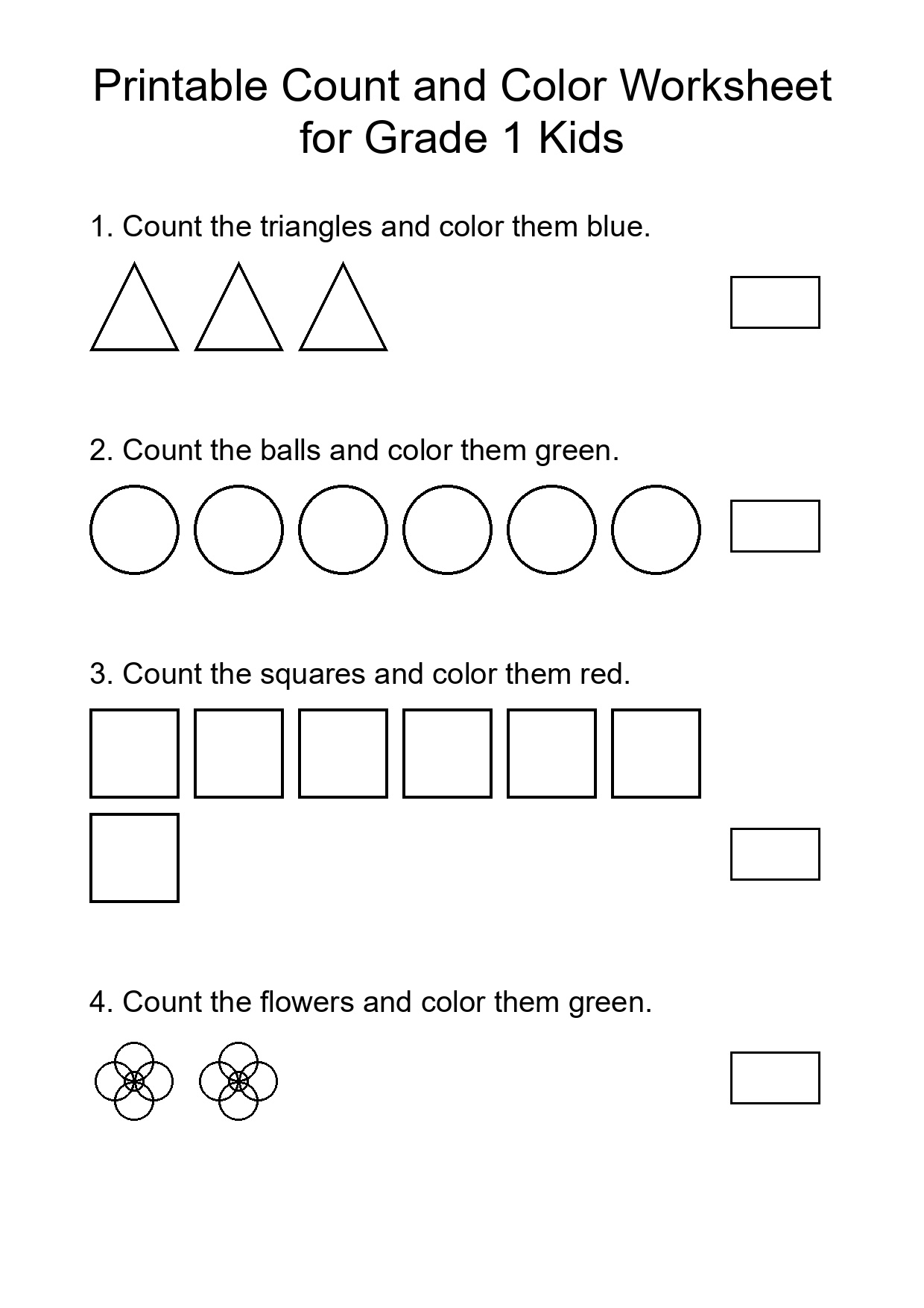 Printable Count and Color Worksheet for Grade 1 Kids