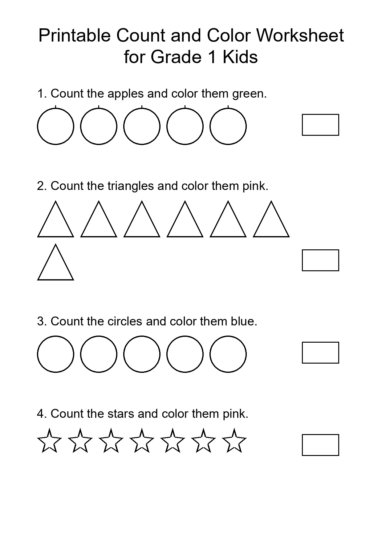Printable Count and Color Worksheet for Grade 1 Kids
