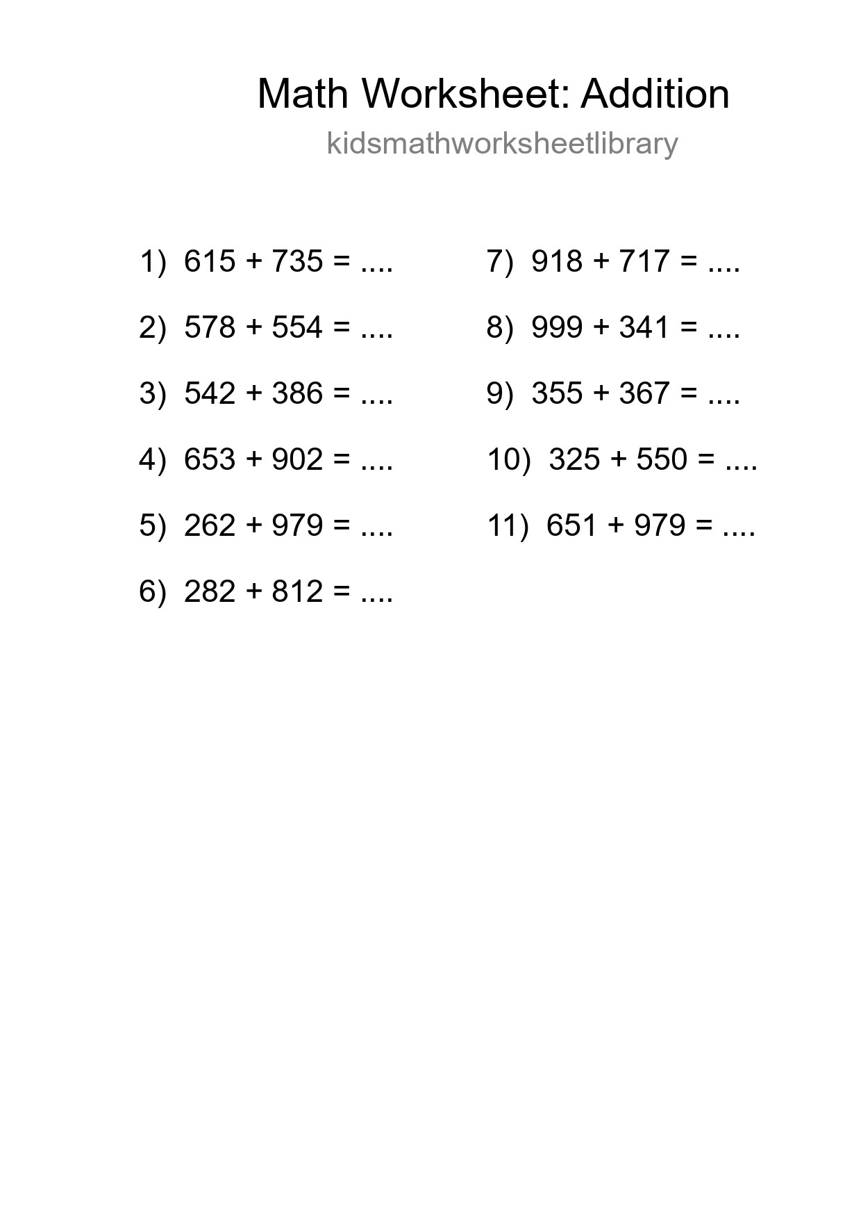 Printable Free 11 Addition Math Worksheet For Grade 5 - Part 34