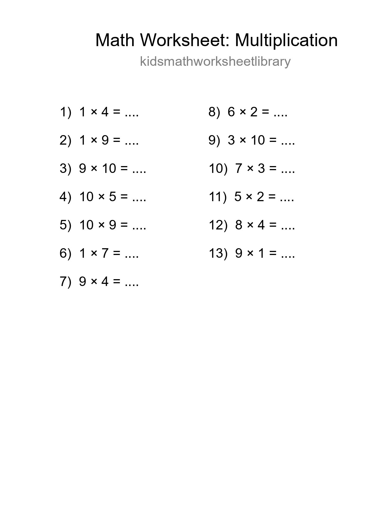 Printable Free 13 Multiplication Math Worksheet For Grade 1 - Part 7