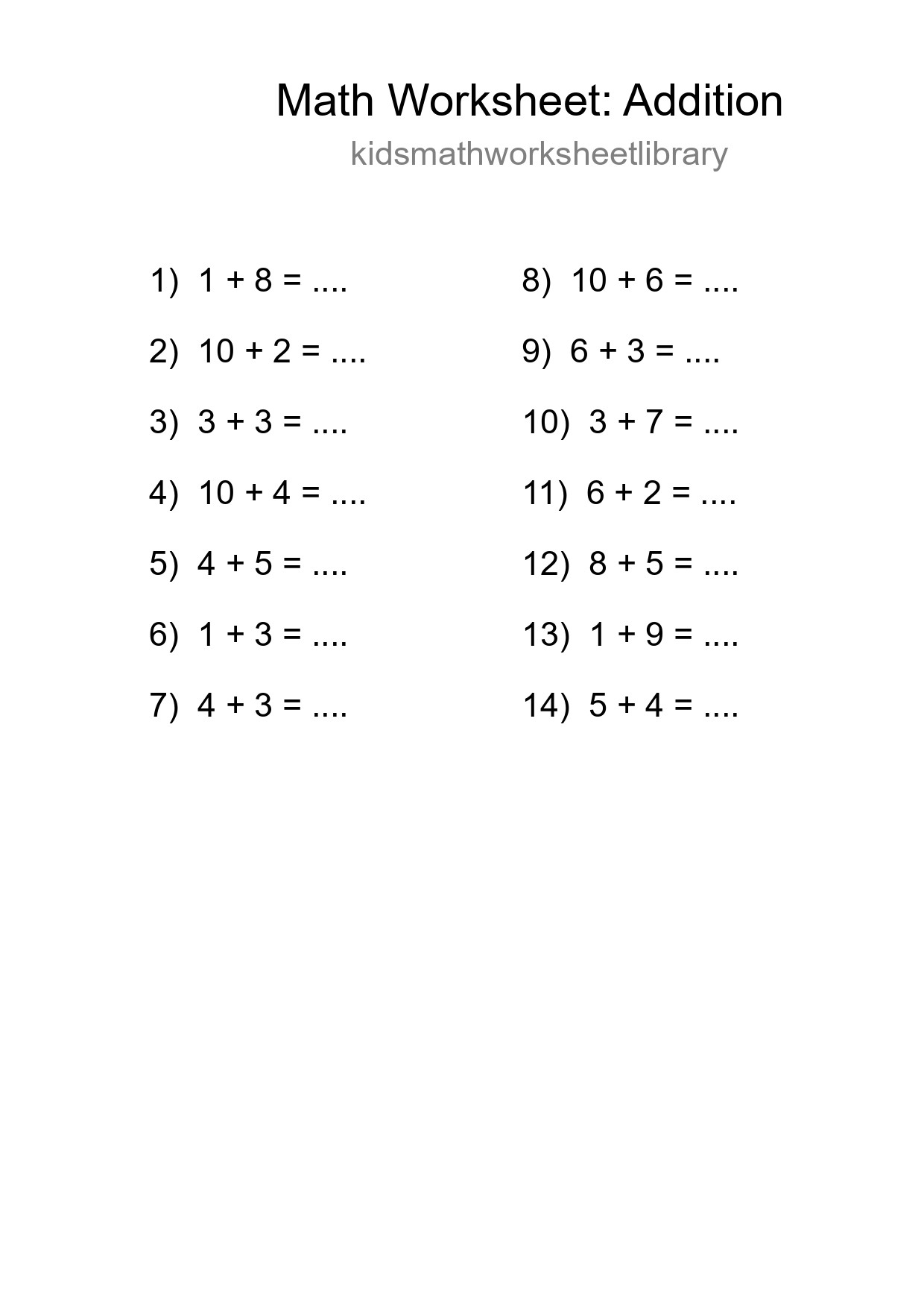 Printable Free 14 Addition Math Worksheet For Grade 1 - Part 287