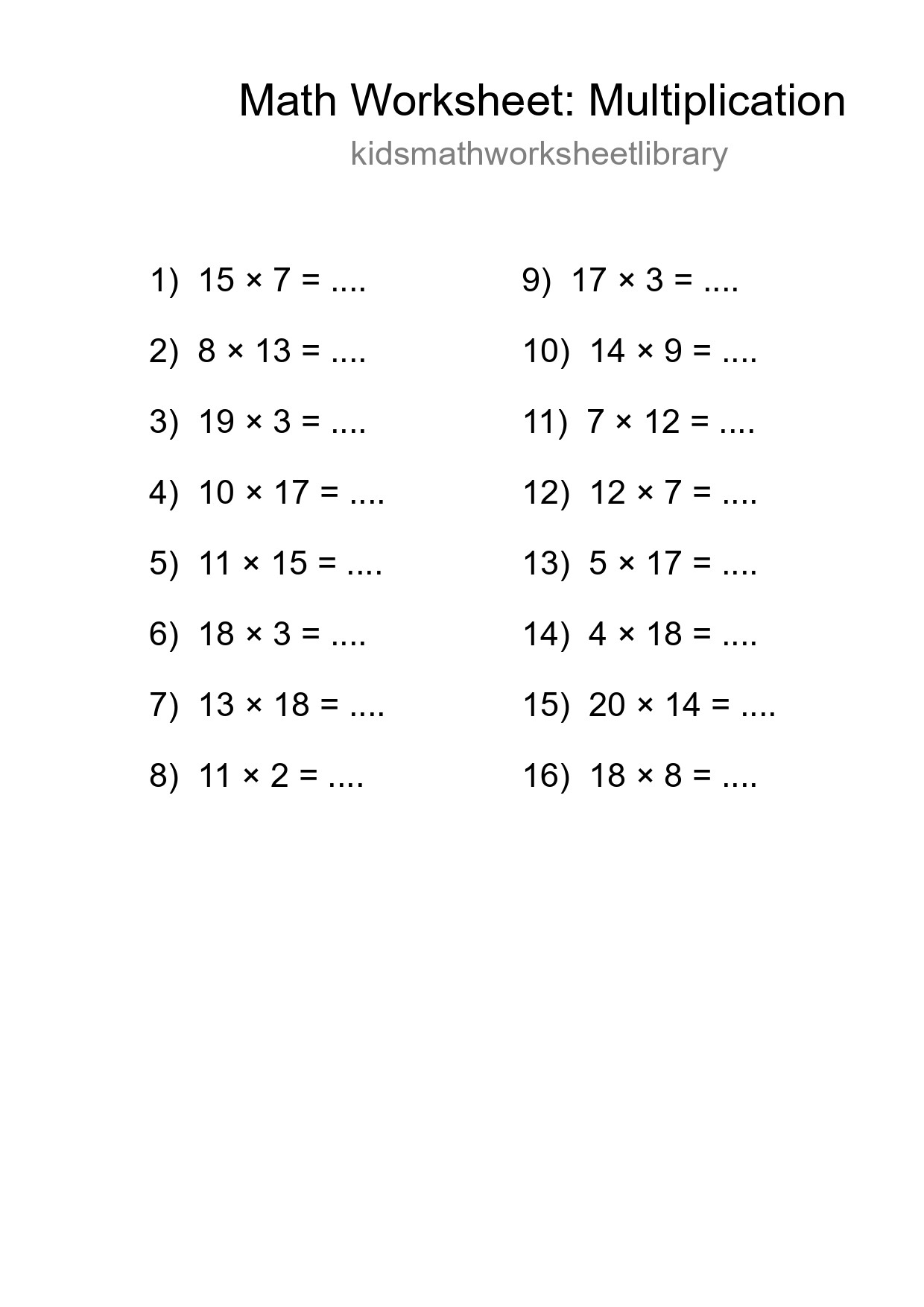 Printable Free 16 Multiplication Math Worksheet For Grade 2 - Part 194