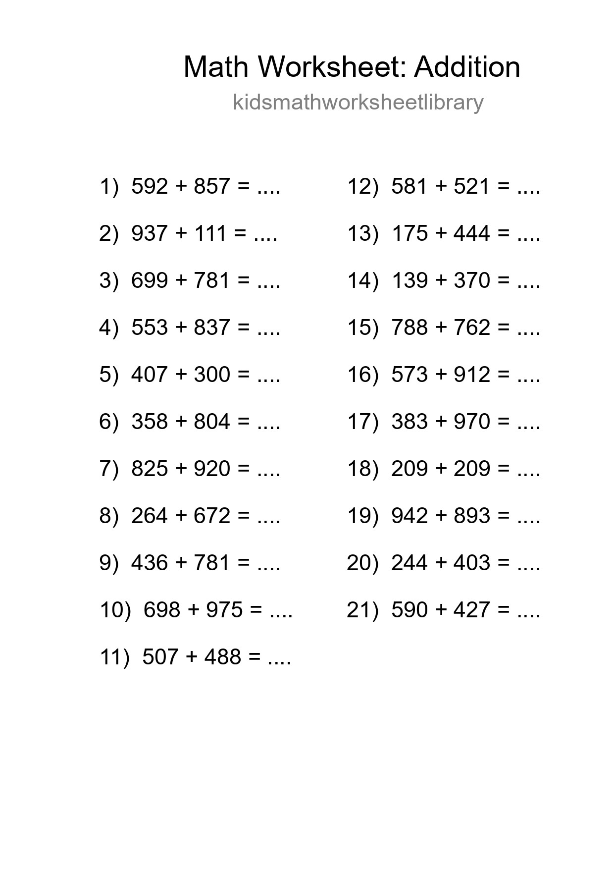 Printable Free 21 Addition Math Worksheet For Grade 5 - Part 166