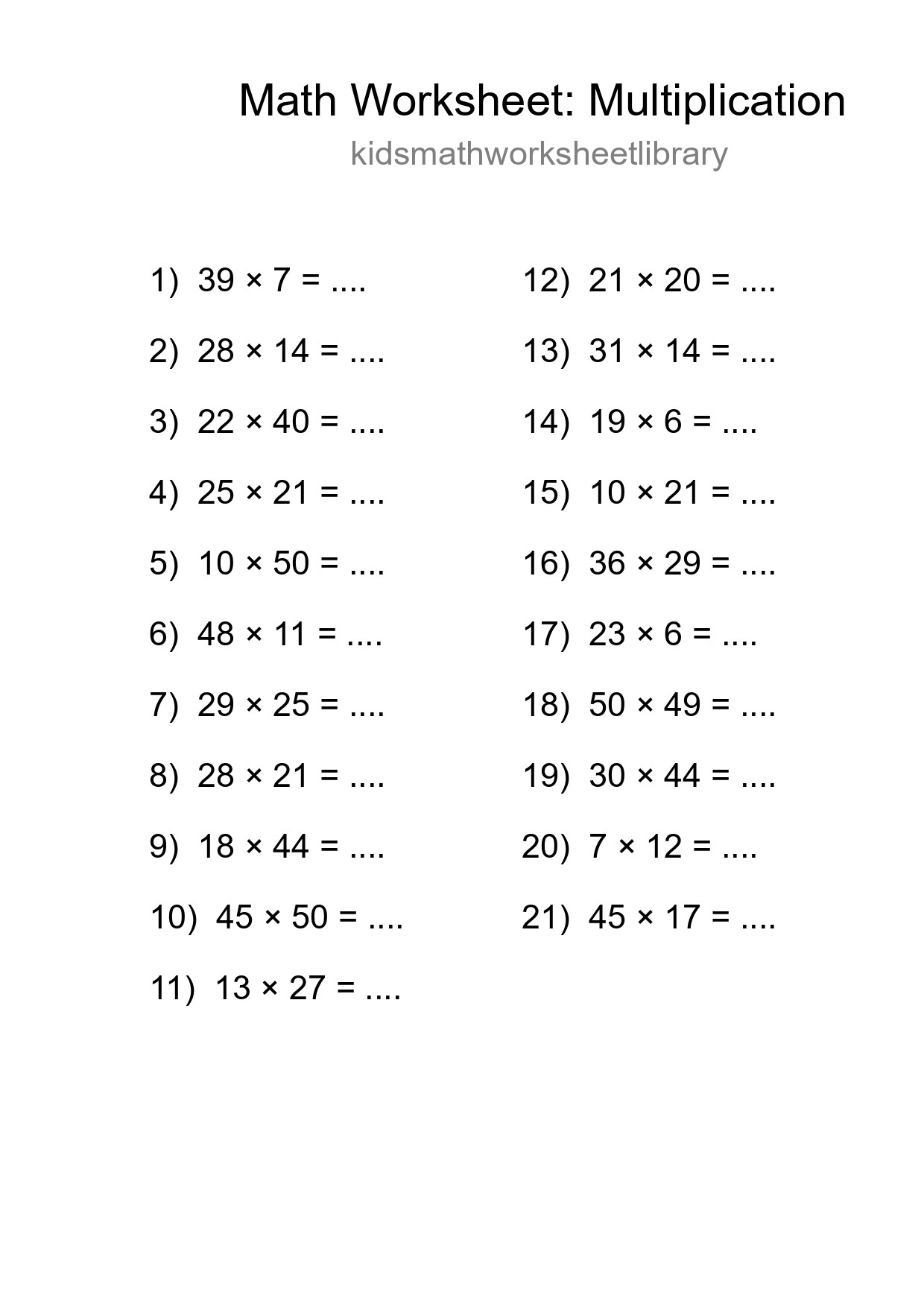 Printable Free 21 Multiplication Math Worksheet For Grade 2 - Part 271