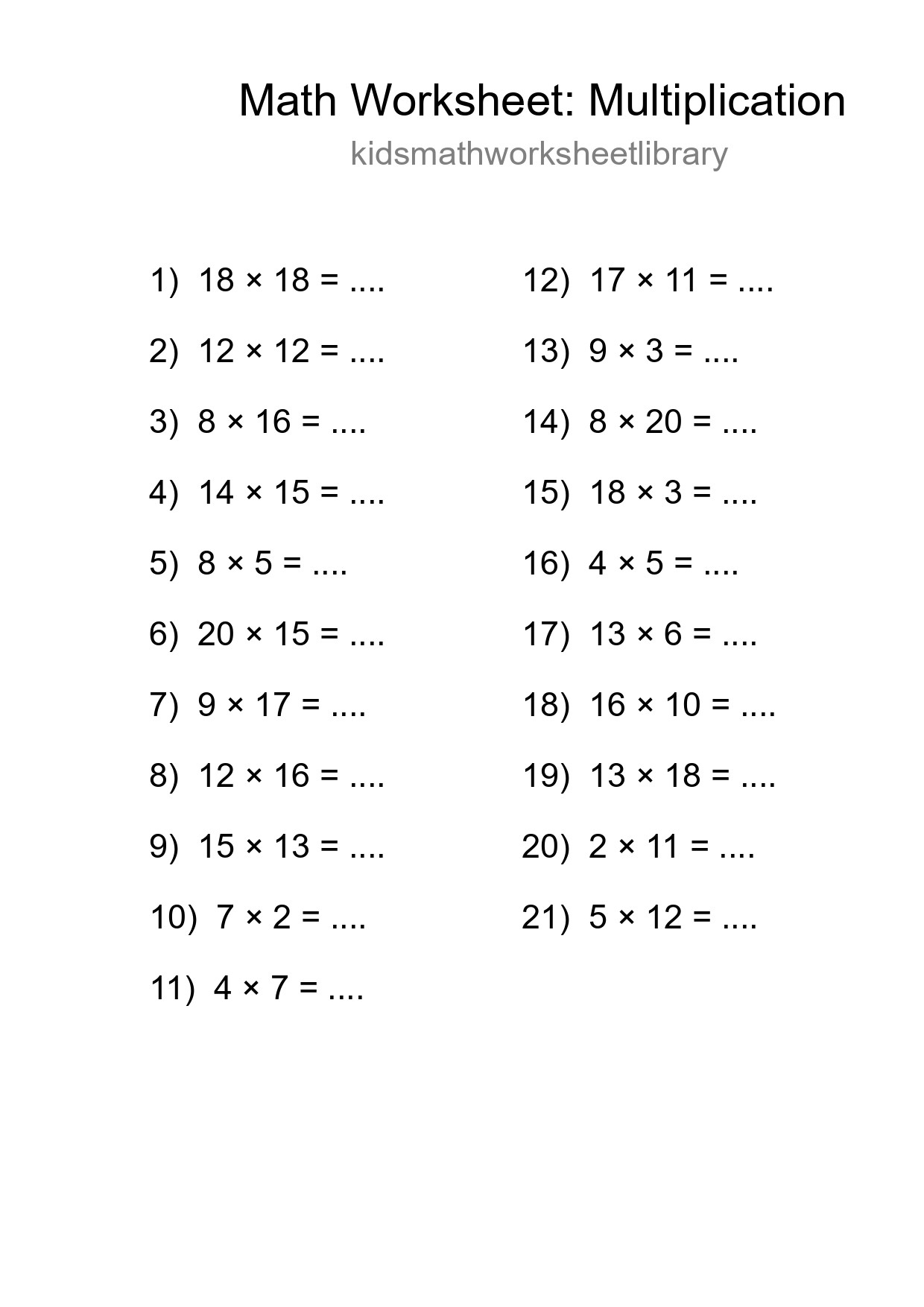 Printable Free 21 Multiplication Math Worksheet For Grade 2 - Part 293