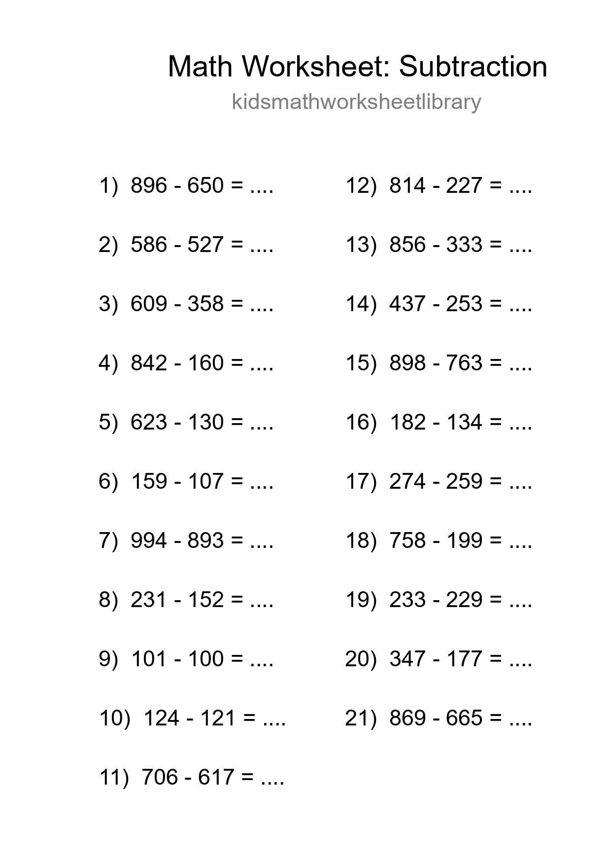 Printable Free 21 Subtraction Math Worksheet For Grade 5 - Part 162