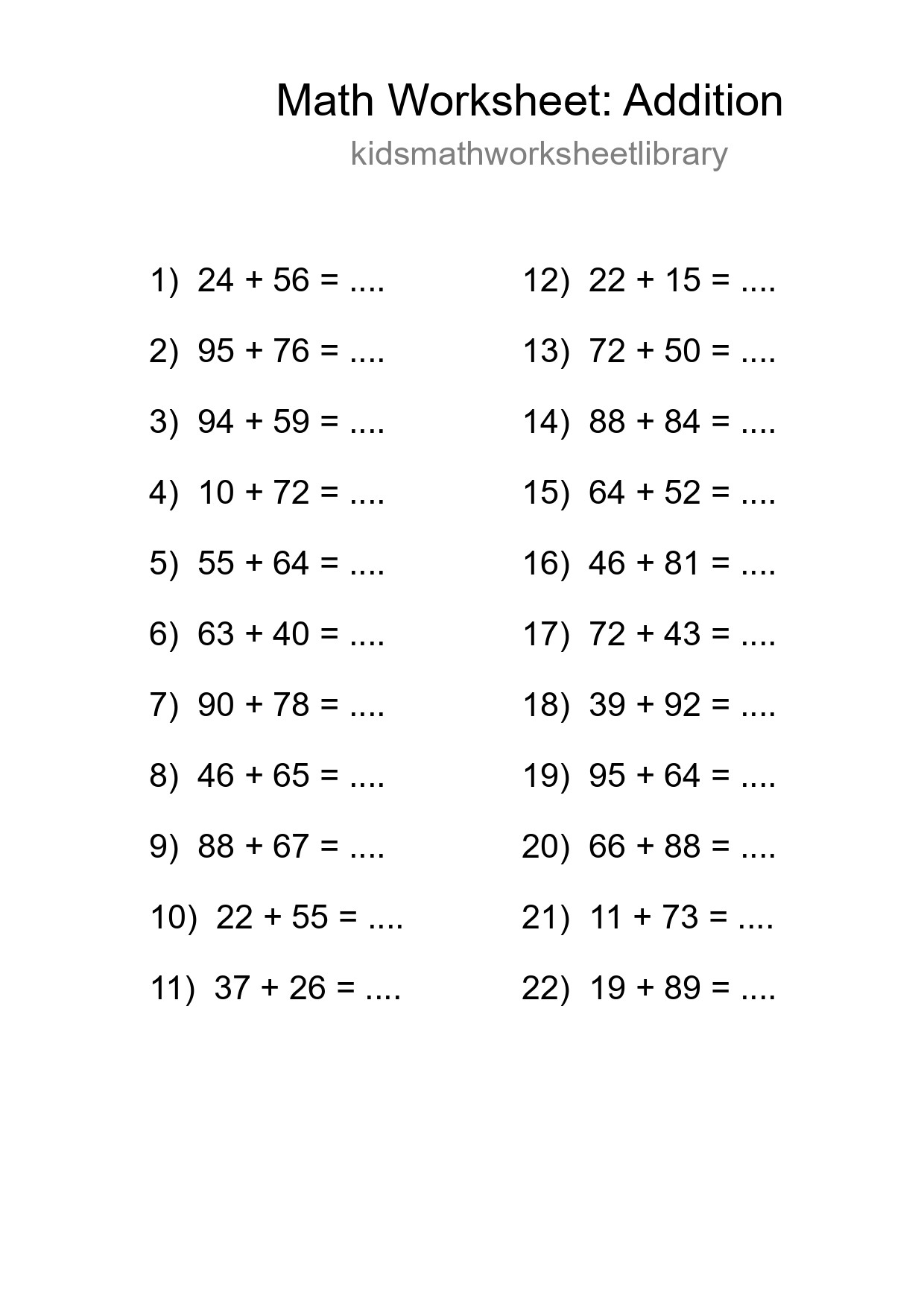 Printable Free 22 Addition Math Worksheet For Grade 3 - Part 144