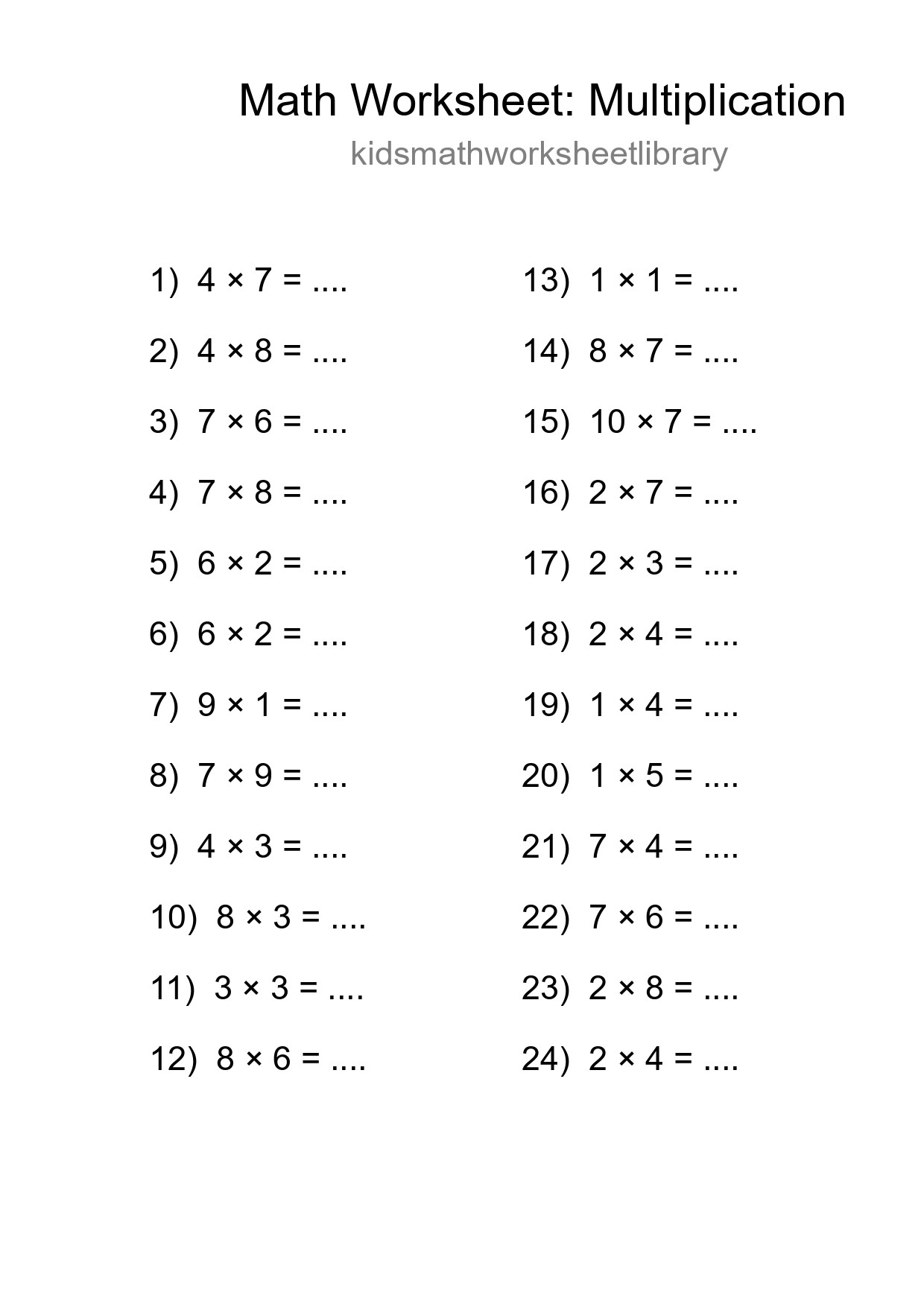 Printable Free 24 Multiplication Math Worksheet For Grade 1 - Part 95