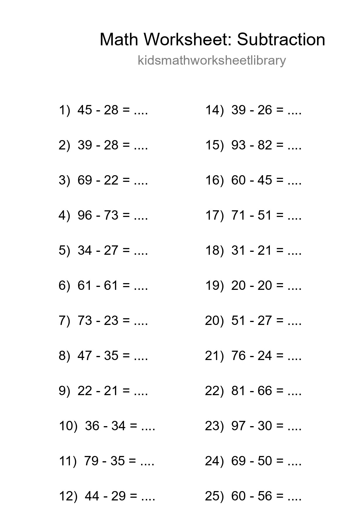 Printable Free 25 Subtraction Math Worksheet For Grade 3 - Part 173