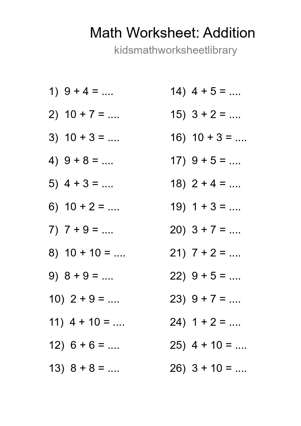 Printable Free 26 Addition Math Worksheet For Grade 1 - Part 254