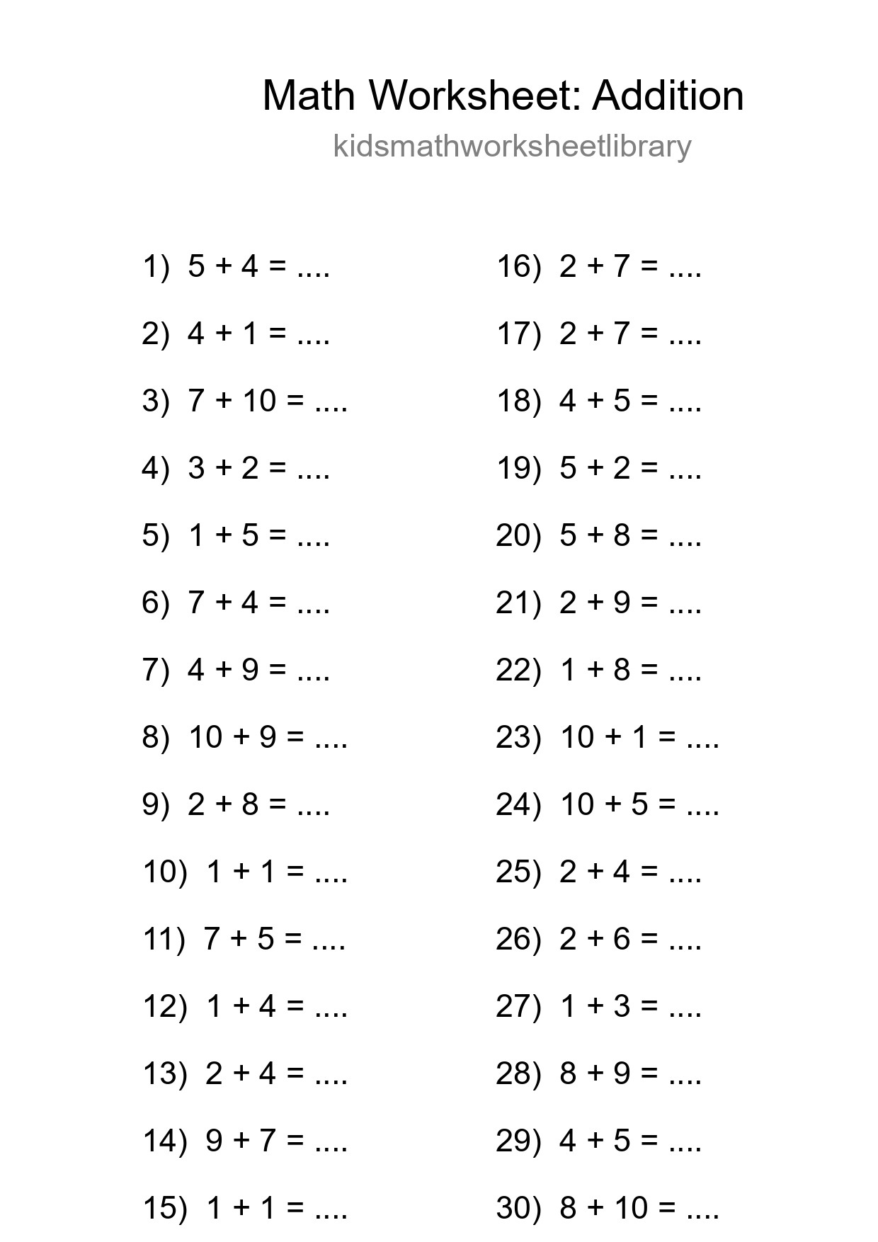 Printable Free 30 Addition Math Worksheet For Grade 1 - Part 67